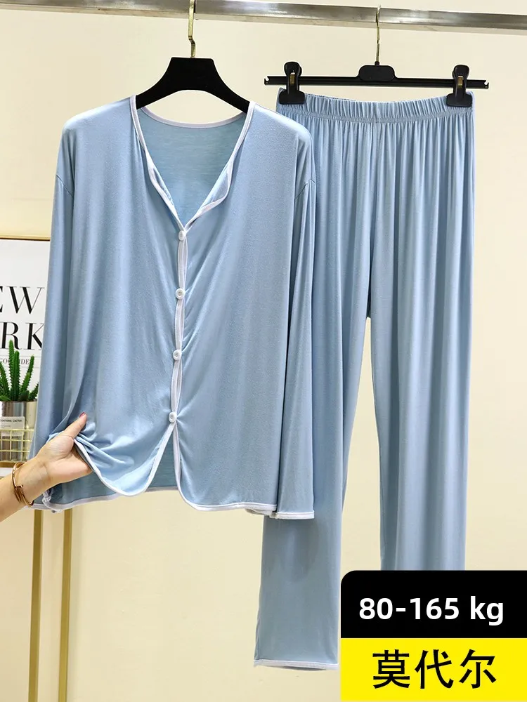 

Modal Casual Sle Home Clothes Set Thin Long Sve Long Pants Collared Spwear Two Piece Set for Ladies Autumn Season