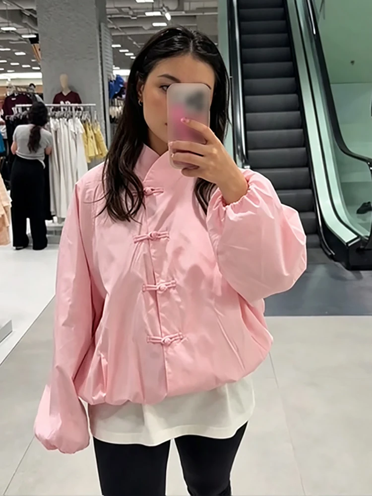 Schicke Jacke im chinesischen Stil mit tailliertem Schnitt, Stehkragen, Knöpfen, Ballonärmeln, lockerem Schnitt, neuer Streetwear für den Alltag im Herbst. – Detail 6