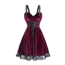 Dressfo 2024 Womens Red Dresses Lace Patchwork Grommet Buckle Shoulder Velvet Dress Lace Up Sleeveless Tank Dress Summer Dresses
