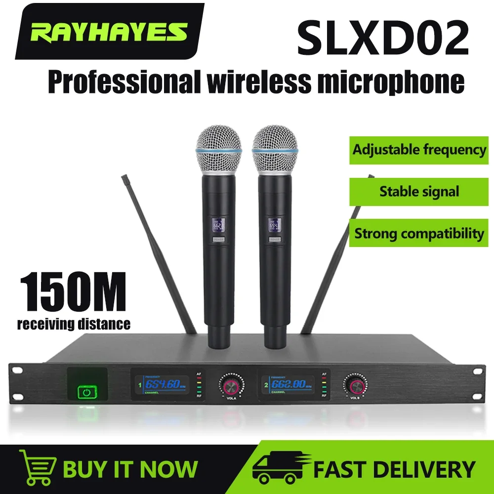 RAYHAYES SLXD02 ميكروفون لاسلكي ثنائي القناة نظام احترافي ميكروفون محمول لعرض خطاب المسرح كنيسة المنزل والحفلات