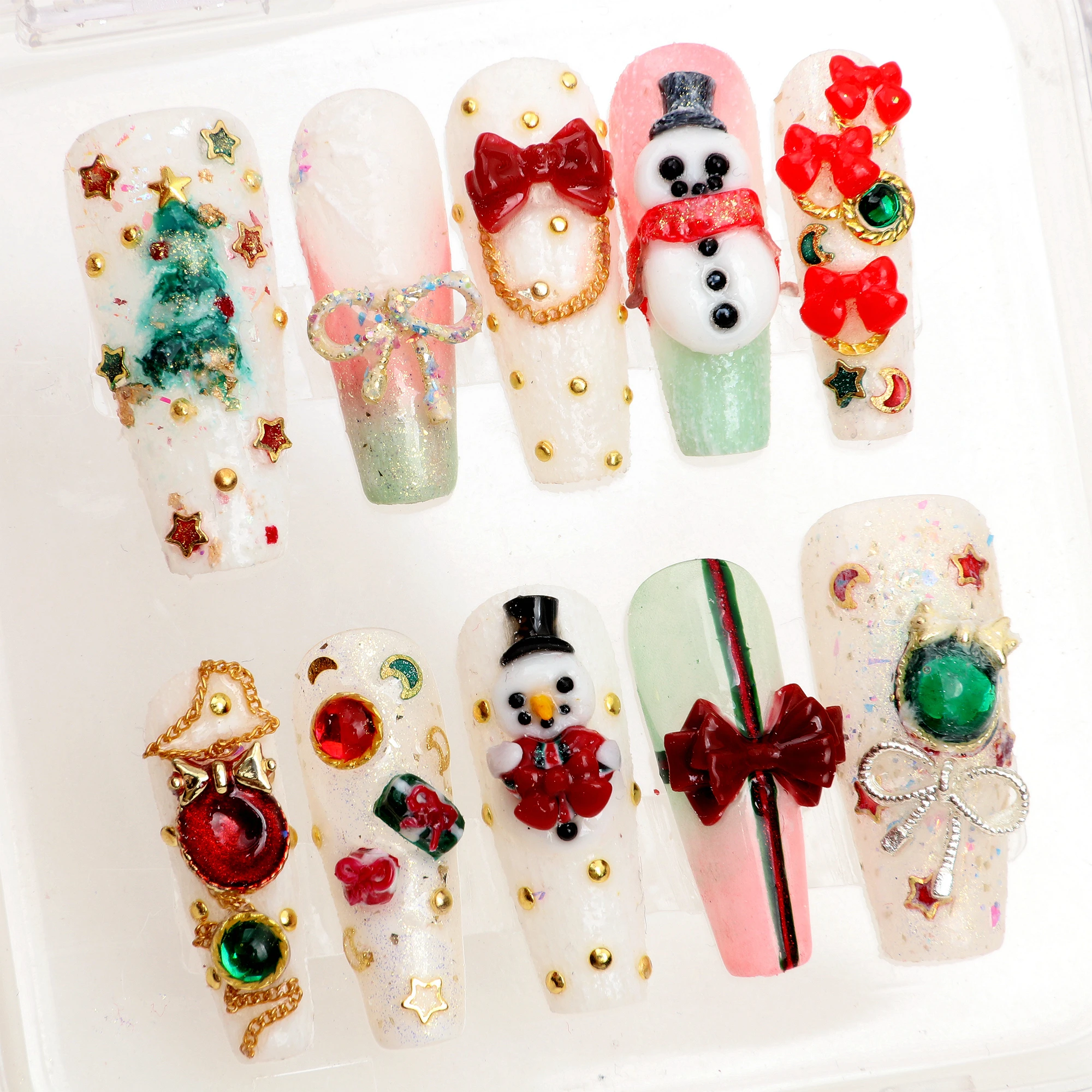 

10Pcs Festive Christmas Press on Nails Custom Wearing nails Santa And Snowman Fake Nails Art Design with Adhesive Nail File Set