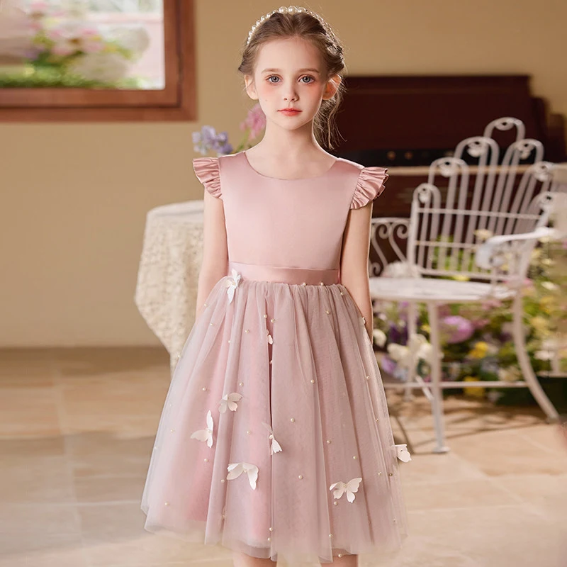 Girls New Sweet Pink Puffy Skirt Summer Thin Veil Fashionable Butterfly Knot Back Decoration Princess Dress for Piano Performan