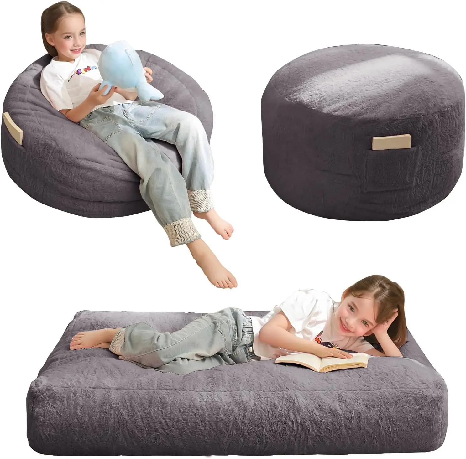 Bean Bag Chair for Kids, Convertible Folds from Lazy Chair to Floor Sofa Couch with High-Density Foam Filling, Dark Grey