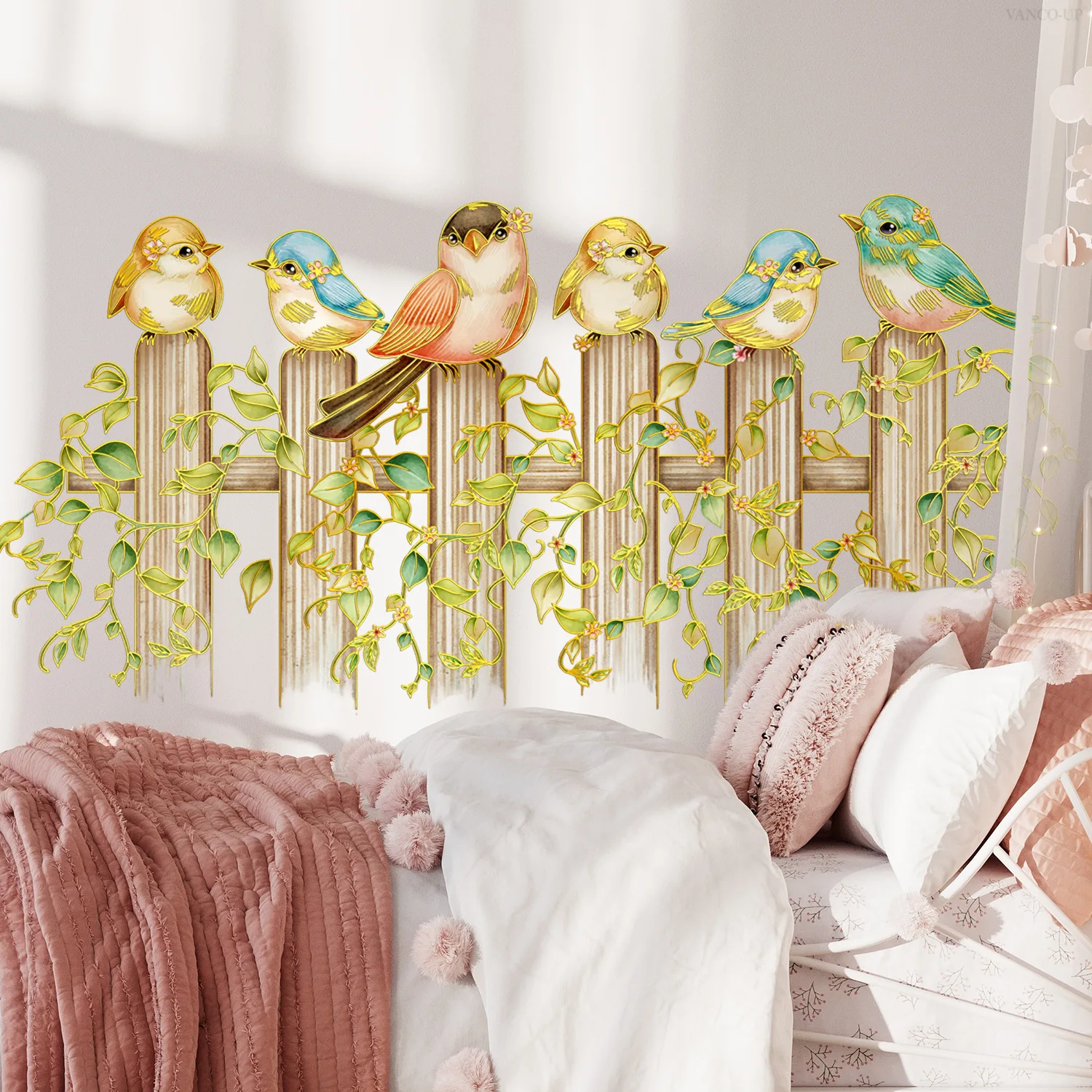 New Floral Fence Wall Decals - Gold Foil Bird, Toy Bear & Pony Stickers for Whimsical Home Decor