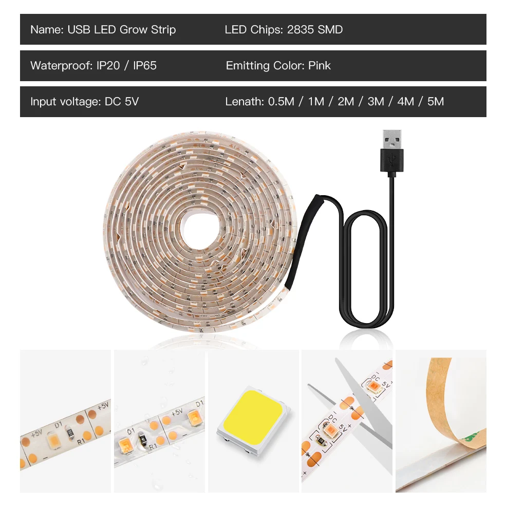 Full Spectrum LED Grow Light USB Grow Light Strip 0.5m 1m 2m 3m 4m 5m 2835 SMD LED Phyto Tape for Seed Plant Flower Greenhouse