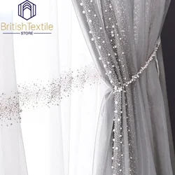 Light Luxury Curtains for Living Room Bedroom Nordic French Pearl Tulle Villa Window Screen Luxury High-end White Gray