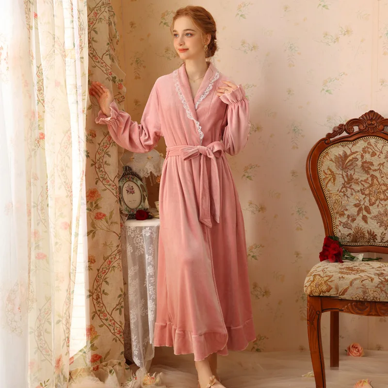 

Winter Bride Bridesmaid Morning Gown Women Coral Fleece Nightgown Long Sleeve Lapel Sexy Bathrobe Sweet Lovely Flannel Sleepwear