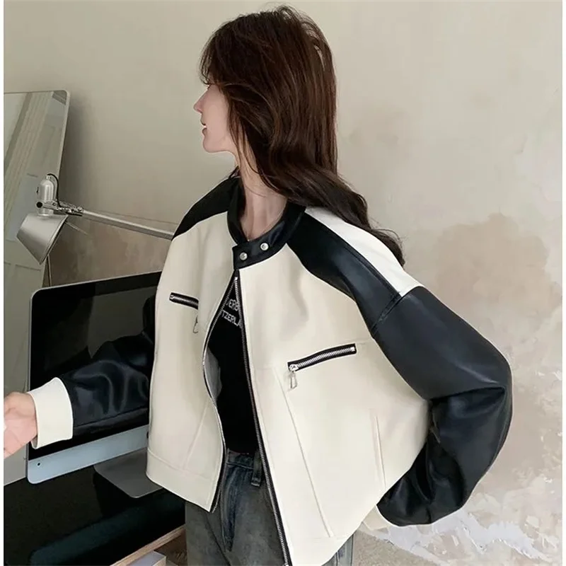 Autumn Ladies Contrast Color Jacket Retro Women Long Sleeves Pu Leather Outwear 2025 Femme Patchwork Short Faux Leather Coat