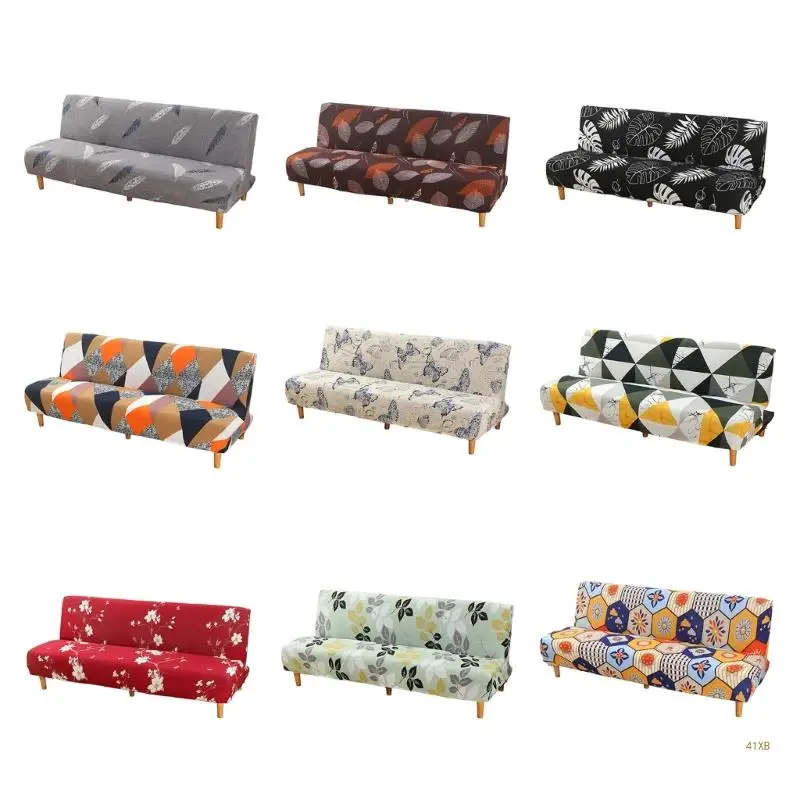 41XB Armless Futon Slipcovers Stretch Folding Sofa Bed Cover with Elastic Bottom, Printed Couch Cover