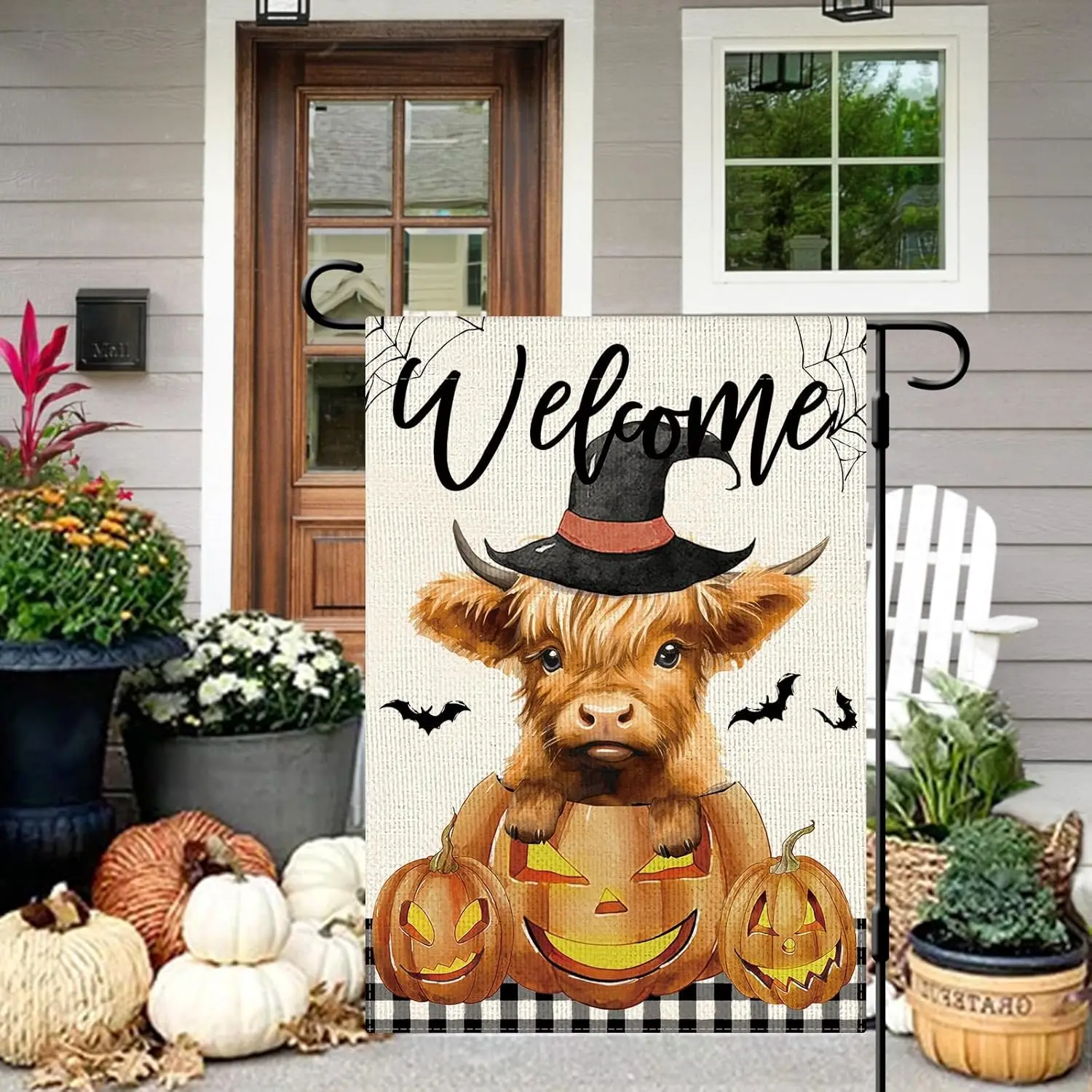 DLZDN Welcome Halloween Garden Flag Pumpkin Highland Cow Flag 12×18 Inch Double Sided Vertical Burlap Farmhouse Yard Flag Season