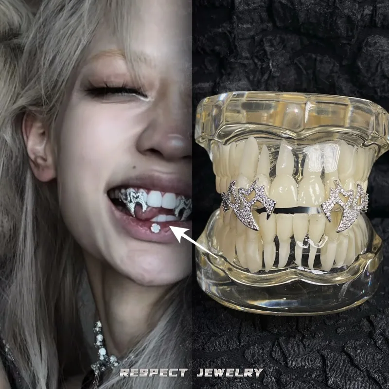 

HQ Hip Hop Full Diamond Tooth Jewelry Fangs Copper Inlaid Zircon Hollow Teeth Grillz for Men Women Jewelry Gifts Daily Wearable