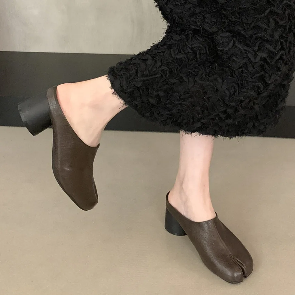 Bailamos Spring Women Split Toe Shoes Fashion Hight Heel Laofers Shallow Soft Leather Pumps Casual Outdoor Slippers Dress Mules view 3