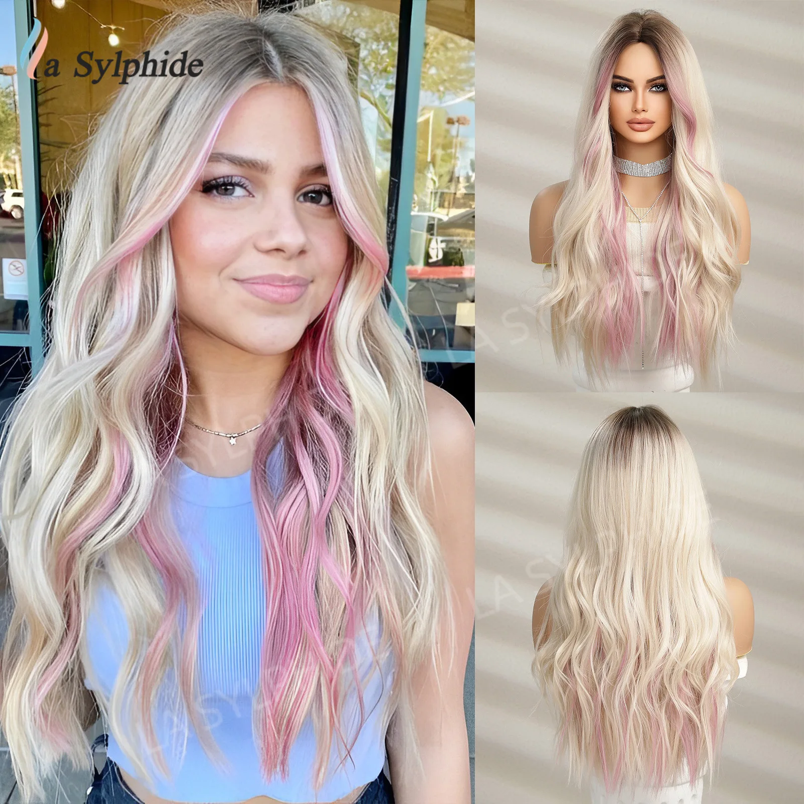 

Hot Ombre Blonde Pink Synthetic Wig for Women Long Body Wave Hair Middle Part Heat Resistant Daily Party Wig