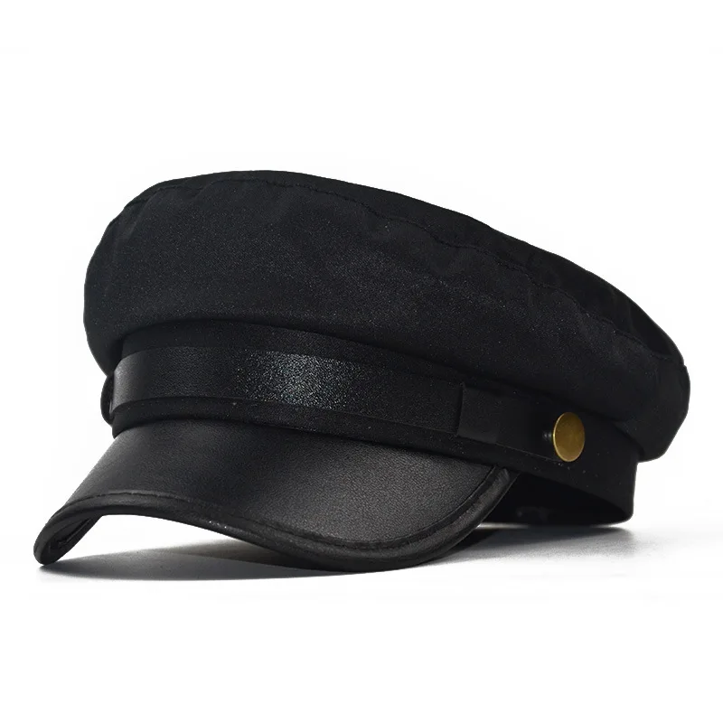 Leather Brim Beret Newsboy Octagonal Cap with Belt Button Men Women Beret Flat Cap Cotton Navy Hats for Women Artist Painter Hat