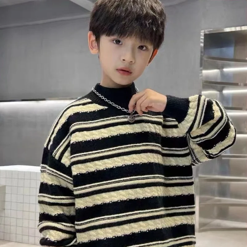 Boys Woolen Sweater Cotton Knitting Windbreak 2025 Stripe Plus Thicken Autumn Winter Outwear Sport Teenagers Christmas Warm Chil image 3