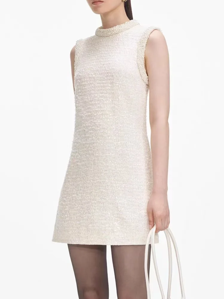 High Quality 2025 Spring New Fashion Tweed tank dress women Temperament Beadings Sequins Sleeveless Mini Robe Ladies