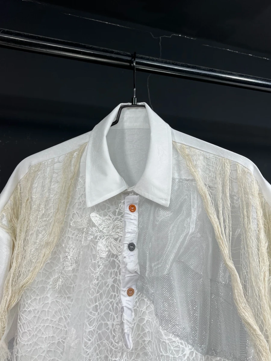 GALCAUR White Spliced Hollow Out Loose Shirt Female Lapel Short Sleeve Irregular Design Women's Shirts Summer New Style Fashion