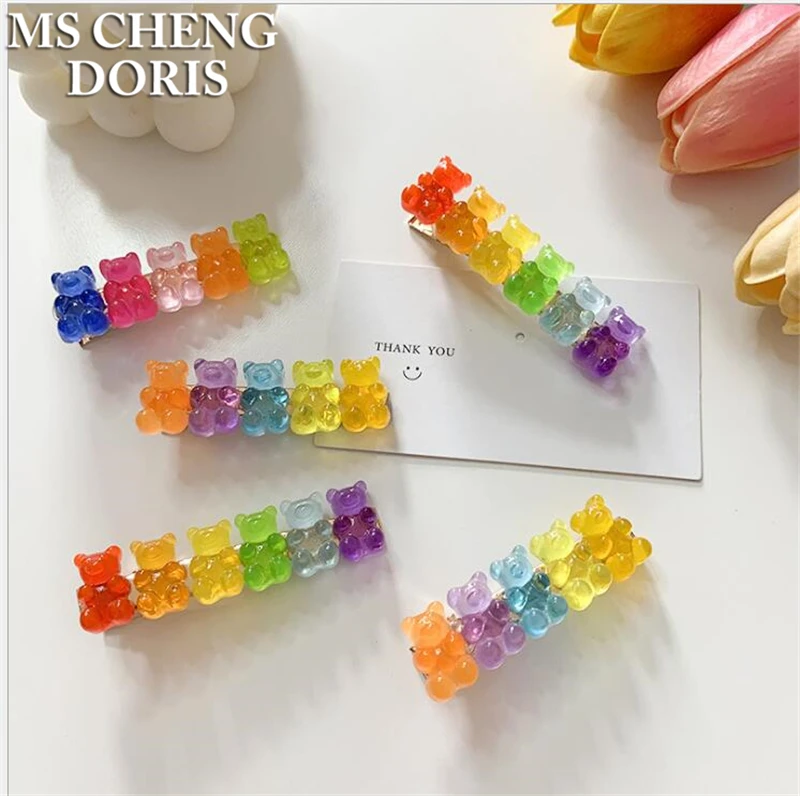 MSCHENGDORIS Candy Color Jelly Bear Hair Clip Women Girl Cartoon Transparent Bear Barrette Fashion Cute Resin Gummy Bear Jewelry