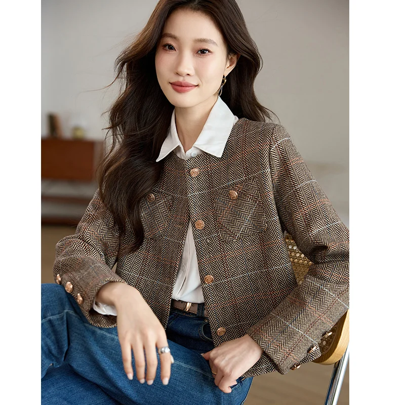 2025 New Spring Autumn Women Single Breasted Slim Short Jacket High Quality Elegant Vintage Geometric Lines Tweed Jacket Outwear