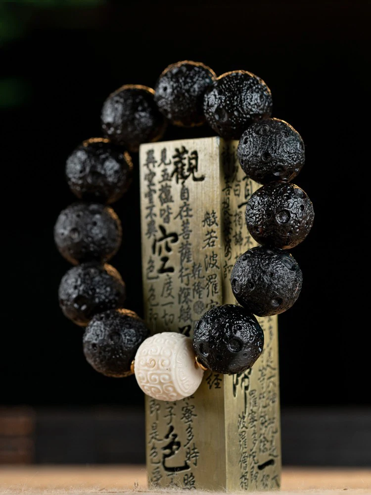 Natural Pure Black Horn Carved Planet Meteorite Bracelet Fidelity Yak Horn Buddha Beads men's Bracelet