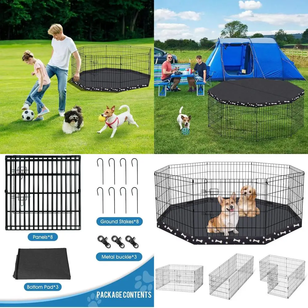 

Foldable Metal Dog Playpen with 8 Panels, 24 Height, Indoor/Outdoor Use, Bottom Pad Included