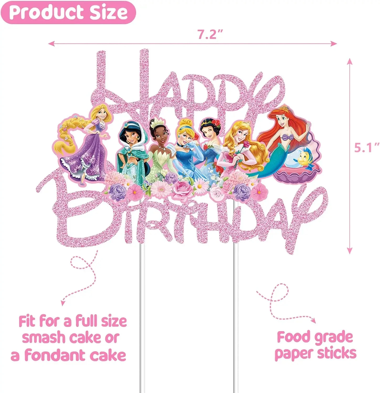 Disney Princess  Cake Toppers Pink Glitter Princess Cake Supplies for Baby Shower Kids Girls Birthday Party Cake Flag Decoratio