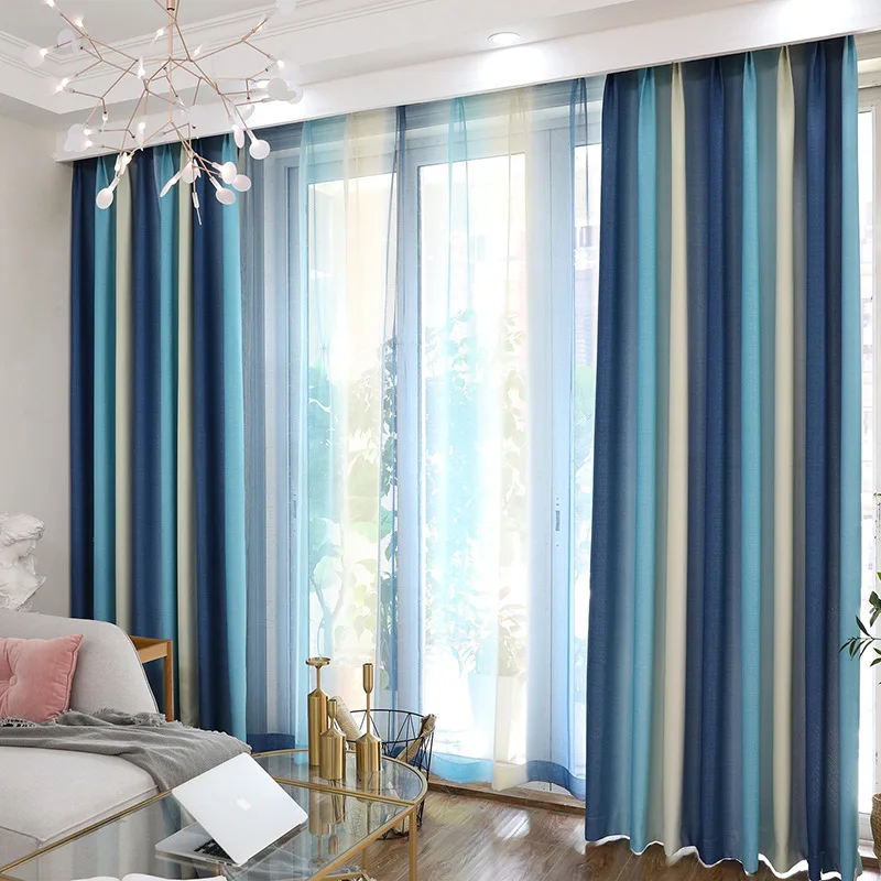 

striped gradient printing color strip rice grain linen curtain fabric living room bedroom hotel blackout curtain