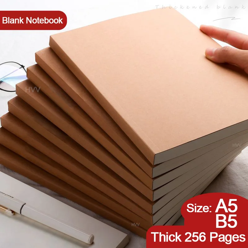 256 Pages A5/B5 Blank Kraft Paper Notebook Students Thickened White Large Sketch Draft Painting Art