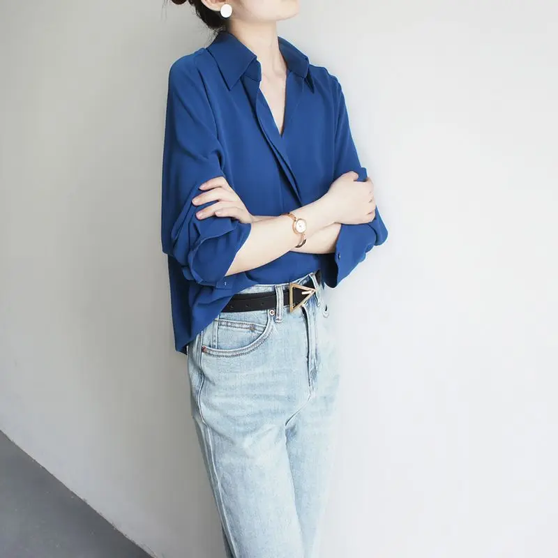 Spring and Autumn New Klein Blue Chiffon Shirt for Women High-end Shirt Design Niche Top for Women