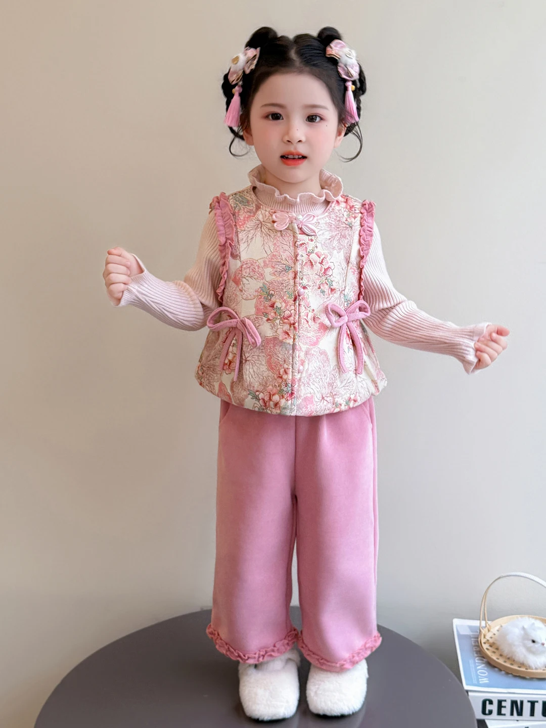 

New 2025 Children's Fce Lined Tee Piece Set Girls Baby Traditional Chinese Sle Clothing Autumn Winter Outfit for Kids