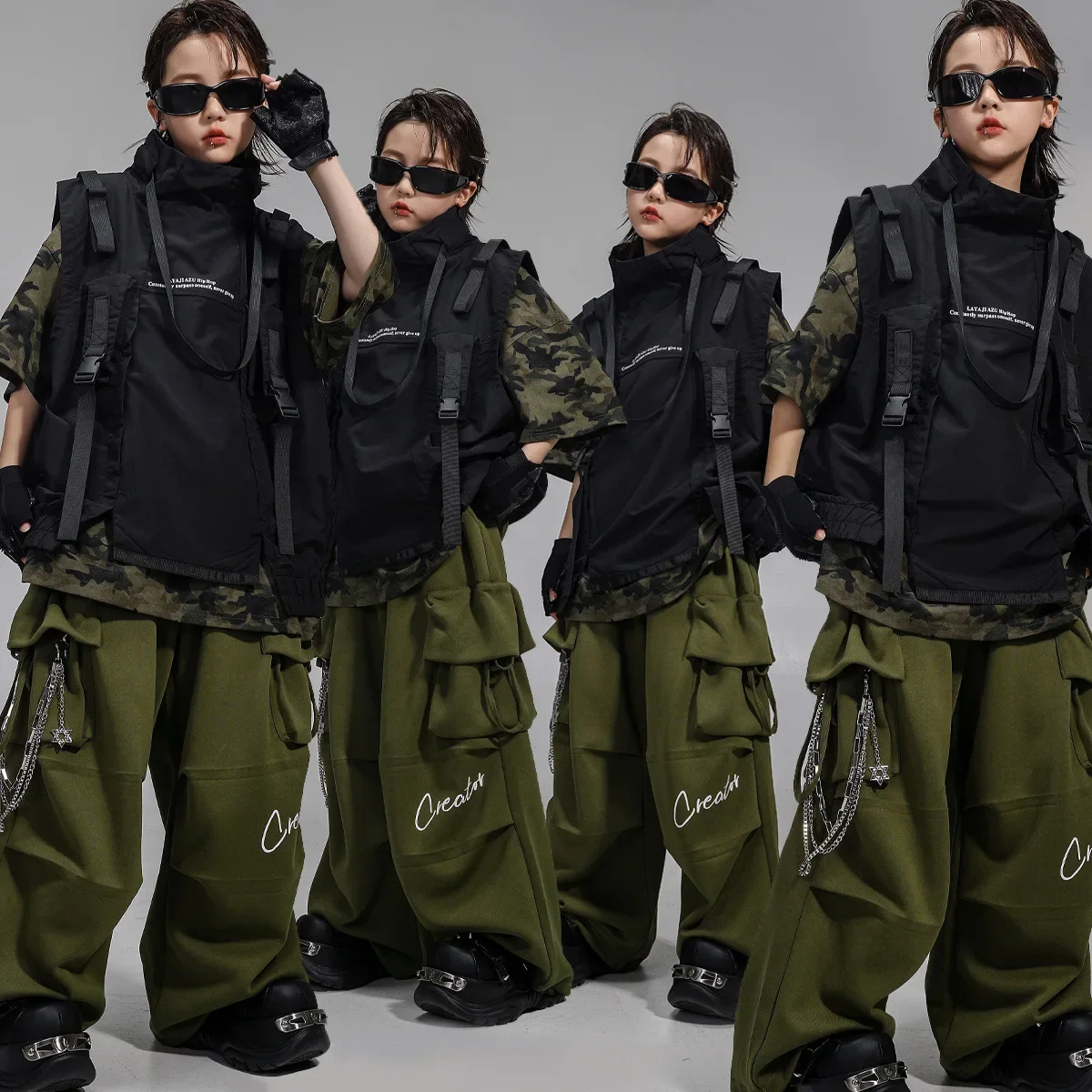

Cool Boys Jazz Dance Stage Outfit Hip Hop Performance Costume Army Green Trousers Black Vest Fashion Show Street Dance Wear