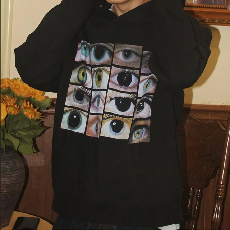Eyes Print Funny Hoodie Harajuku Punk Men Women Eyes Y2k Hoodie Clothes Grunge Oversized Goth Sweatshirts For Cool Girls Boys
