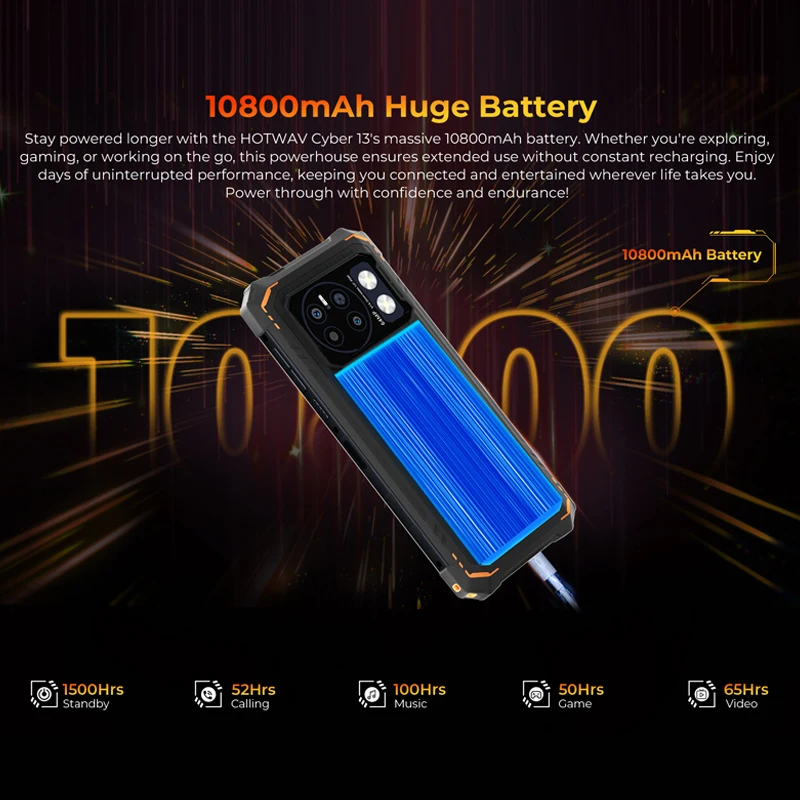 HOTWAV Cyber 13 هاتف متين 10800mAh بطارية ضخمة 8GB 128GB الهاتف الذكي 150LM مصباح يدوي 6.6 ''HD + 64MP أندرويد 14 الهاتف المحمول