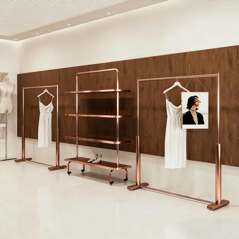 Clothing store display rack, island stainless steel rose gold hanging clothes rack, dedicated display shelf