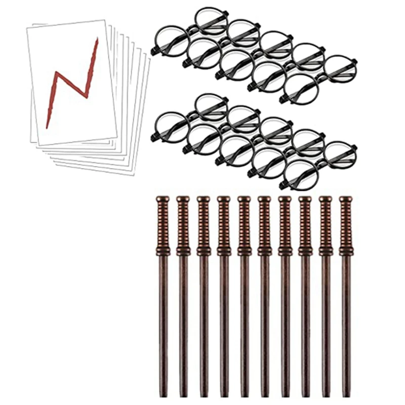 30 Pcs Wand Pencils Bolt Tattoos Stickers Costume Glasses With Round Frame Party Supplies Set Wizard Wand