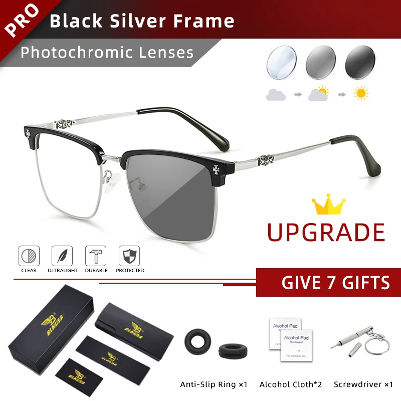 BLMUSA Men Classic Chrome Style Hearts Reading Glasses Anti Blue Light Myopia Glasses Photochromic Prescription Optical Eyewear