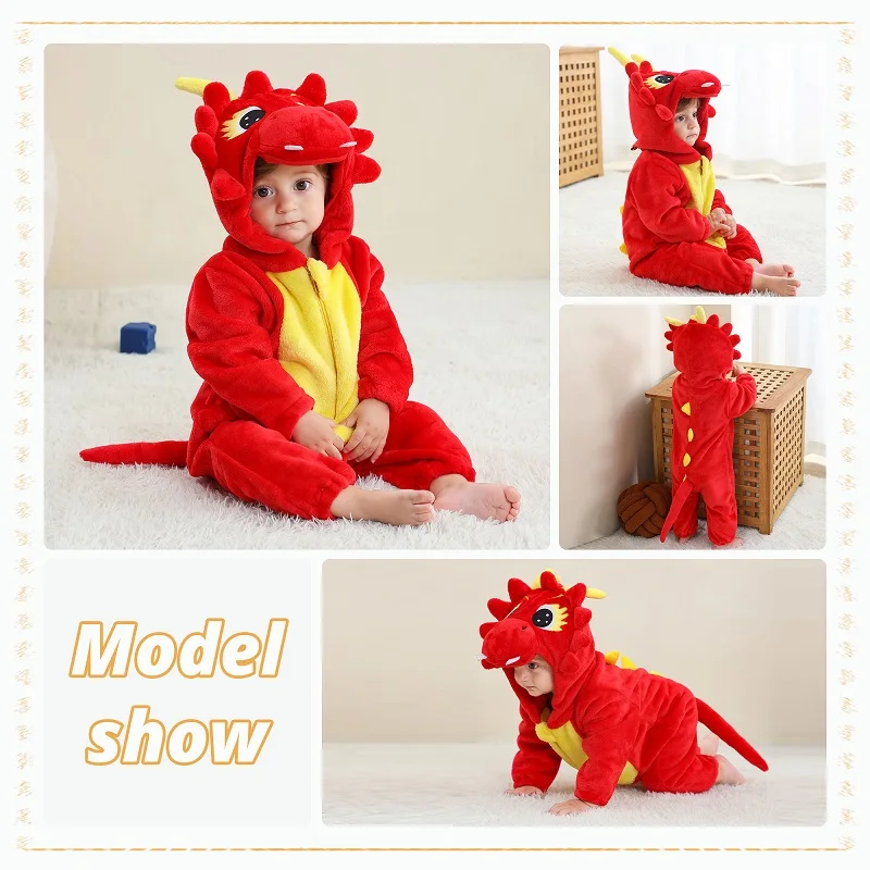 MICHLEY-Halloween Dinosaur Macacão para bebê, roupas de flanela para criança, infantil com capuz geral, bodysuits, macacão, traje infantil, inverno