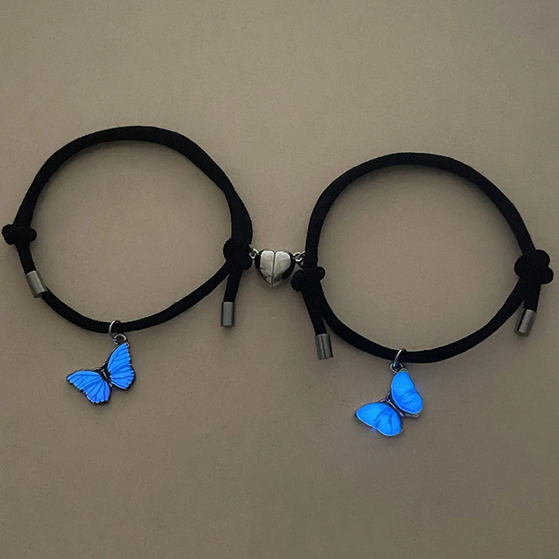 2 Pack Butterfly Couple Pendant Luminous Bracelet Black Rope Charm Suitable for Women Lover Party Jewelry Gifts