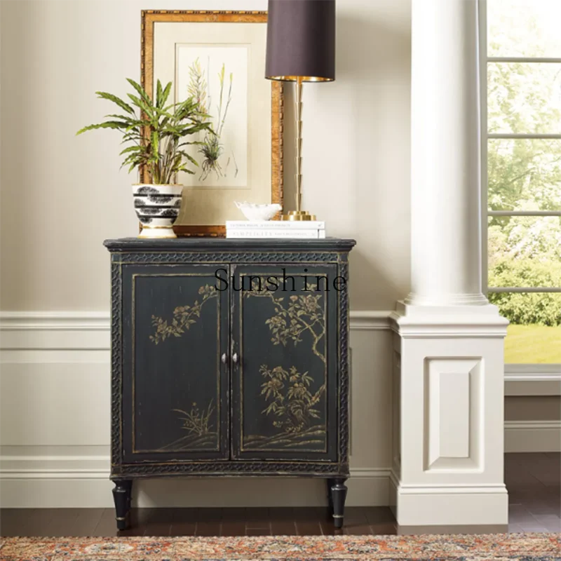 

French retro style art painting side cabinet living room double door storage study home documents