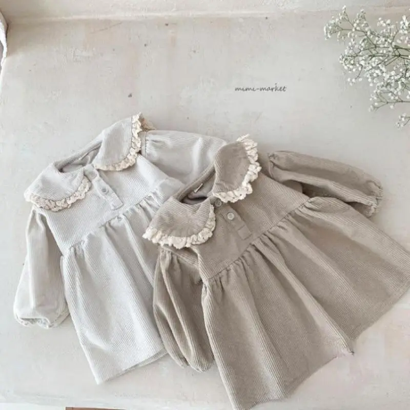 

2025 Autumn New Baby Girl Peter Pan Collar Dress Infant Long Sleeve Corduroy Dress Girls Lace Casual Dress Toddler Outfits