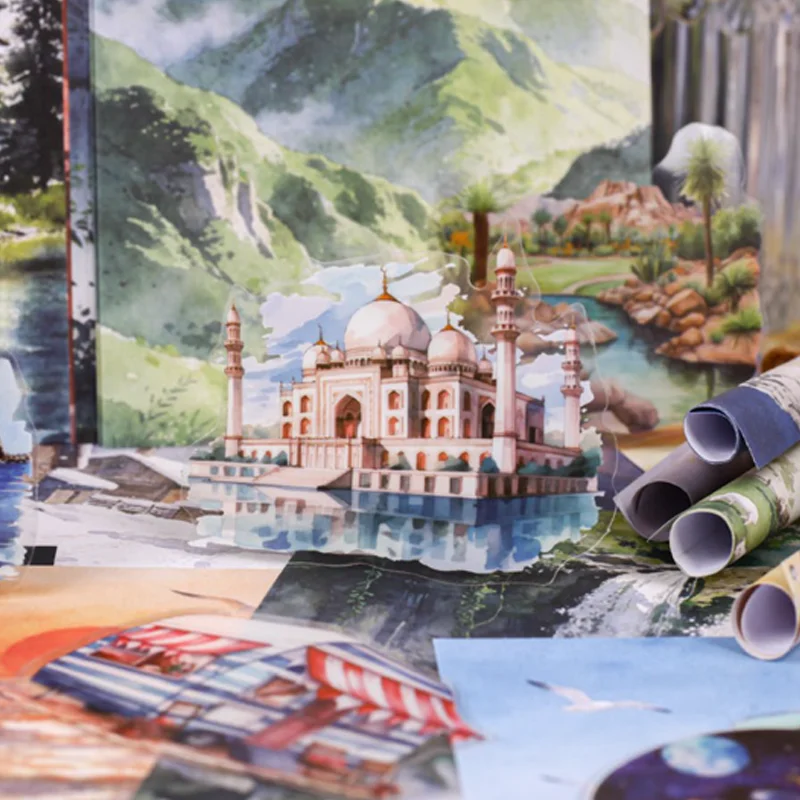 Mr.Paper 46Pcs/Pack Wild Mountain Companion Series Travel Scrapbook Kit Vintage Landscape & Landmark PET Stickers for Journal