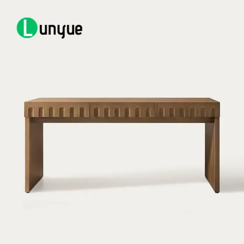 Oak Veneer Writing Desk with Carved Grooved Front Panel Modern 3 Drawer Wooden Console Table for Home Office Study Room