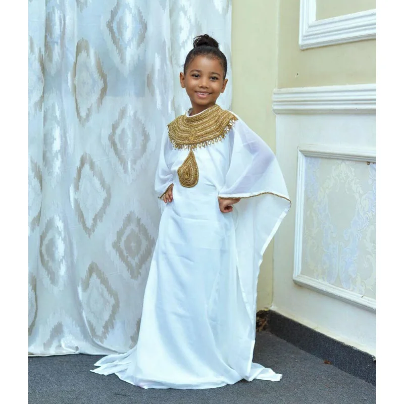 White Girl Dress Children Abaya Moroccan Long Shirt Children Dubai Children's Clothing European and American Fashion Trends