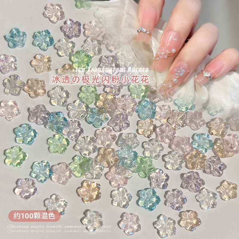 100PCS 3D Ice Translucent Aurora Glitter 5 Petal Flowers 6mm Small Floret Resin Nail Art Rhinestones Decorations Manicure Charms