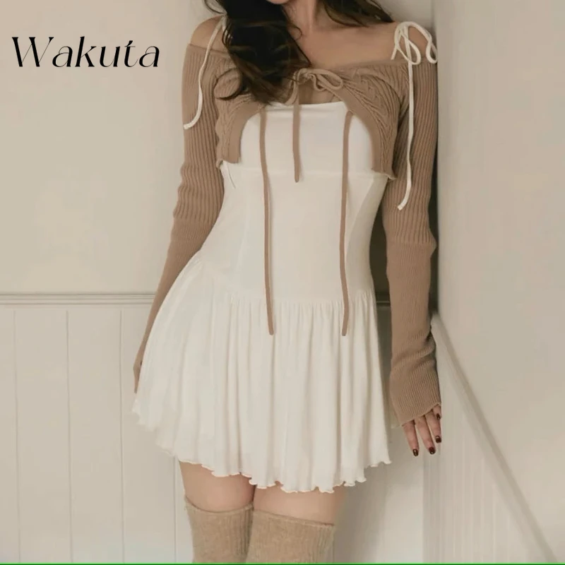 WAKUTA Japanese Sweet Strapless Off Shoulder Long Sleeve Knitted Tops Slimming Camisole Style Irregular Dresses Y2k 2-piece Sets