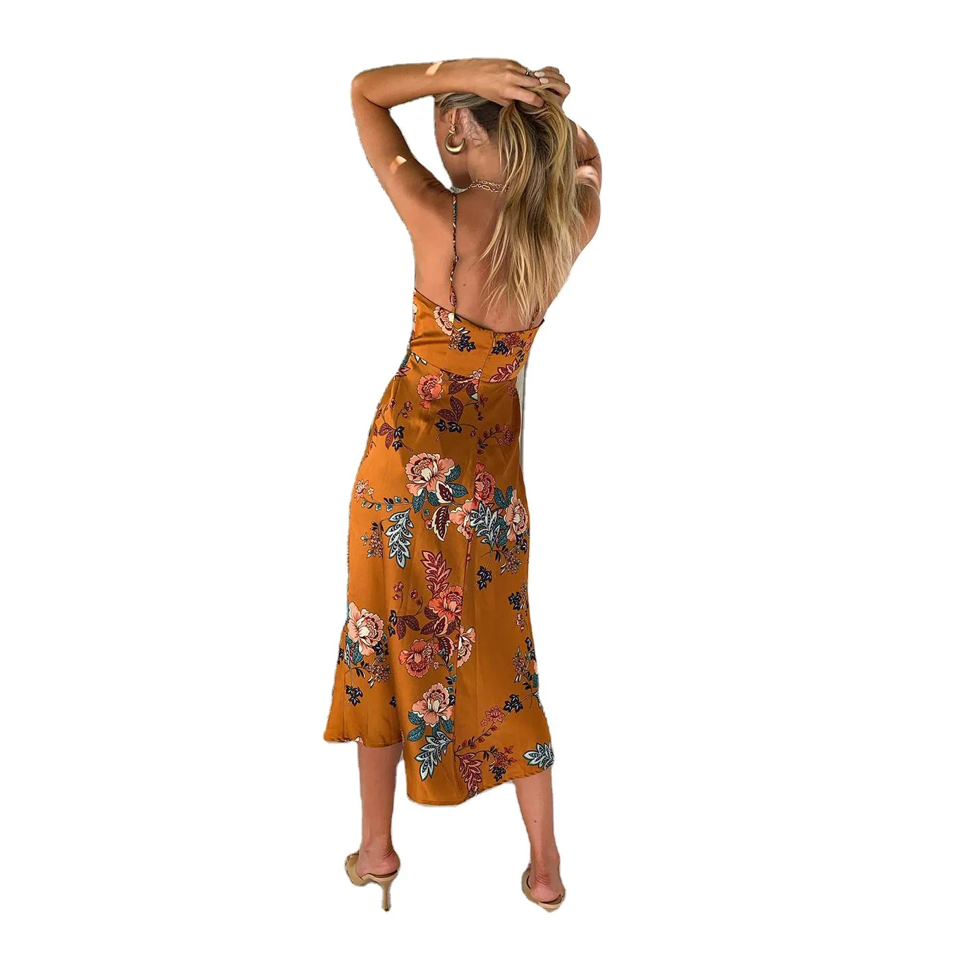 Frauen Neue Stil Gedruckt Floral Sexy Strap Split Kleid Hause Off-Schulter Rückenfreies Kleid Ärmellos
