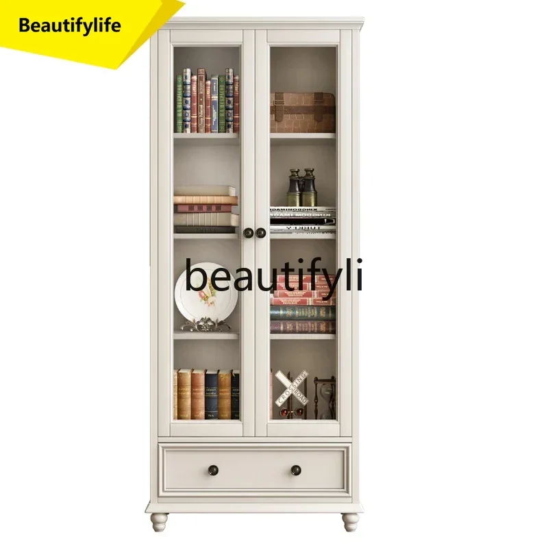 

Q181 1 American all-solid wood bookshelf floor-to-ceiling bookcase with glass door wine cabinet splicing storage side cabinet