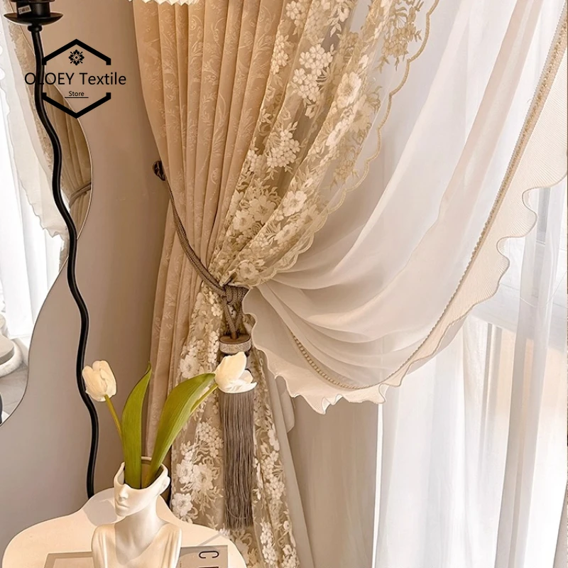 Custom Size French Luxury Romantic Retro Jacquard Embroidered Lace Curtains for Living Dining Room Bedroom White Tulle Elegant