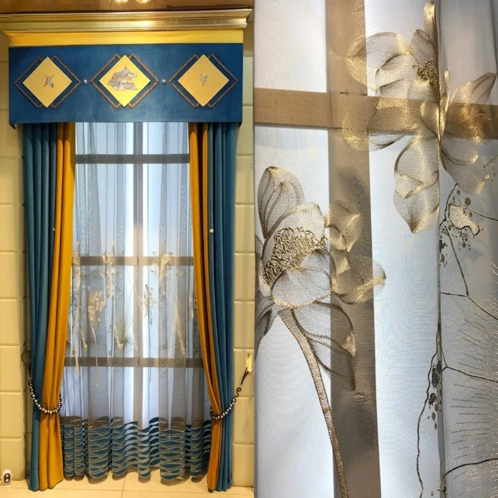New Chinese Blue Lotus Embroidery Window Screen Velvet Patched Curtains for Living Room Bedroom French Window Study Customized