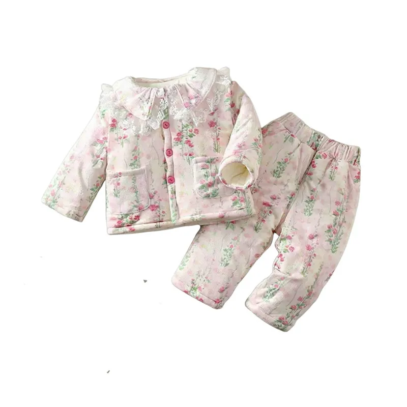 

Girls Winter Cotton Padded Set Clothes Baby Coat Outfit Children's Floral Lace Outerwear Quilted Jacket Tops+Pants 2PC 1-7Yeas